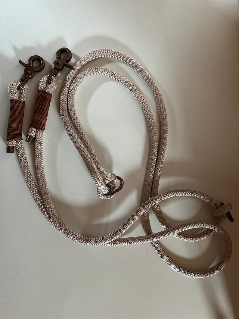 May include: A beige rope dog leash with two brass clasps and a brown leather accent.