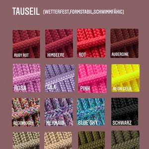 K&ouml;nnte beinhalten: Eine Tabelle mit verschiedenen Farben von Seilen f&uuml;r Hundeleinen. Die Farben umfassen Rubinrot, Himbeere, Rot, Aubergine, Pink, Neon Gelb, Regenbogen, Meerjungfrau, Blauer Himmel, Schwarz, Braun, Beige, Oliv, Khaki, Grau, Silber, Glanz und Anthrazit.