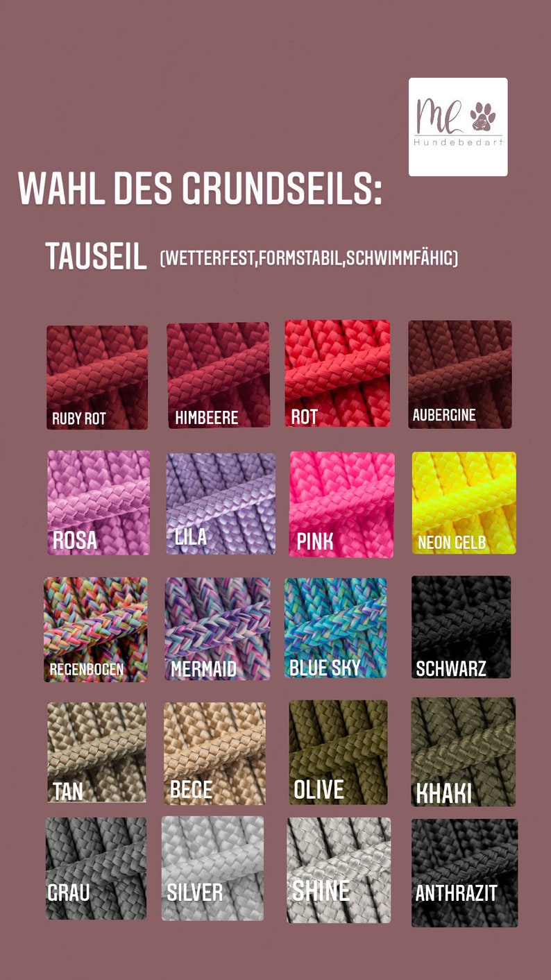 K&ouml;nnte beinhalten: Eine Tabelle mit verschiedenen Farben von Seilen f&uuml;r Hundeleinen. Die Farben umfassen Rubinrot, Himbeere, Rot, Aubergine, Pink, Neon Gelb, Regenbogen, Meerjungfrau, Blauer Himmel, Schwarz, Braun, Beige, Oliv, Khaki, Grau, Silber, Glanz und Anthrazit.