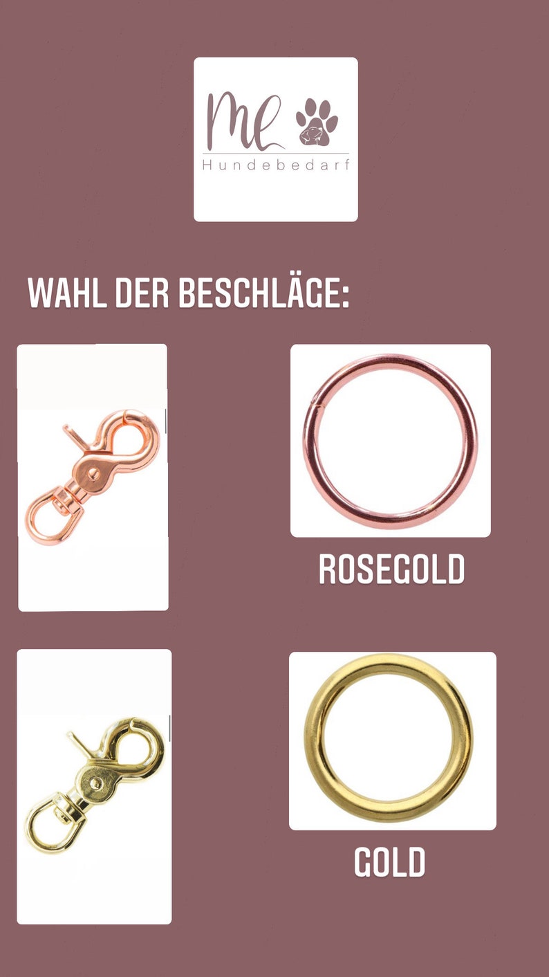 K&ouml;nnte beinhalten: Zwei Optionen f&uuml;r Hardware-Oberfl&auml;chen f&uuml;r eine Hundeleine oder ein Halsband: Ros&eacute;gold und Gold. Die Ros&eacute;gold-Option ist ein runder Ring, und die Gold-Option ist ein runder Ring und ein Haken.