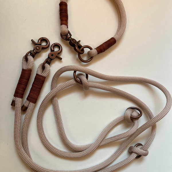Dew leash 2.5 m long & collar made to measure, leather rigging, set, 3-way adjustable, dog leash, rope, PPM, measurement, desired color, collar, individual