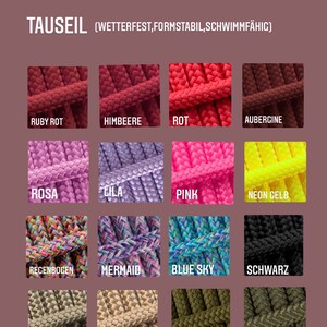 May include: A chart showing different colors of rope for dog leashes. The colors include ruby red, raspberry, red, eggplant, pink, neon yellow, rainbow, mermaid, blue sky, black, tan, beige, olive, khaki, gray, silver, shine, and anthracite.