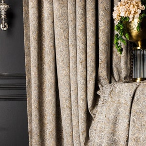 Curtains panel black navy cream gold damask patterned chenille extra long custom size drape luxury bedroom living room modern boho
