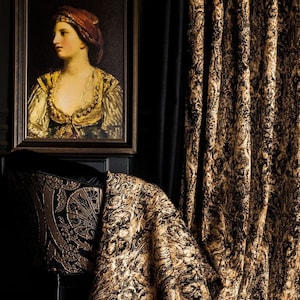 Damask Chenille Curtain Panel: Black & Gold Luxury Drape