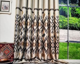 Vintage Curtains,Curtains for Bedroom&Livingroom,Turkish Kilim Patterned Gray Red Blue Curtains Panel,Luxury Fabric,Custom Drape