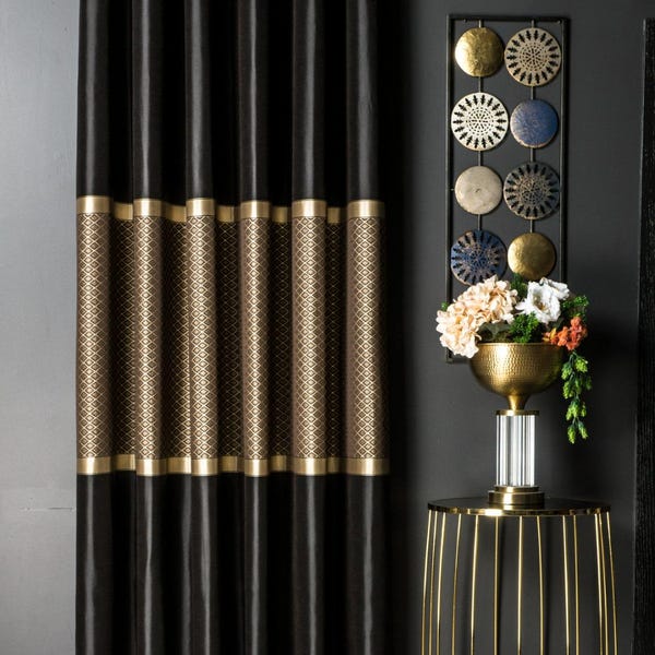 Black Gold Color Block Curtain, Luxury Custom Geometric Drape for Living Room & Bedroom