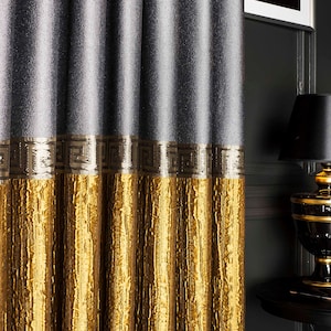 Striped Patterned Curtain Panel: Gold, Gray & Blue Embossed Drape