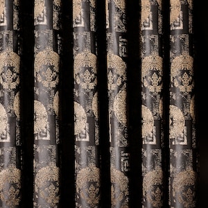 Luxury Damask Curtain Panel: Black & Bronze Patterned Drape