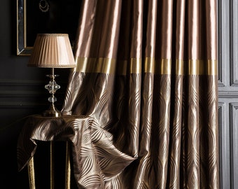 Luxury Brown & Gold Curtains - Modern Jacquard Pattern - Custom Size Drapes for Living Room, Bedroom, Office -  Curtain Panels for Home