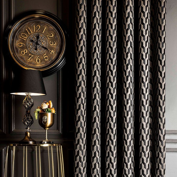 Curtains panel striped patterned fabric luxury bedroom living room black  gray gold navy blue custom size drapemothers day