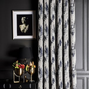 Striped Patterned Curtain Panel: Gray, Blue, Black & Gold - Custom Size Drapes