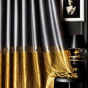 Striped Patterned Curtain Panel: Gold, Gray & Blue Embossed Drape