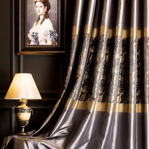 Gold Stripe Curtain Panel: Gray Black Damask Drape, Custom Size