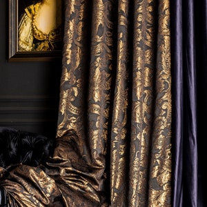 Dark Gray & Copper Floral Curtain Panel - Custom Size Drape