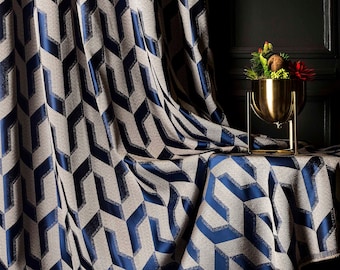 Geometric Striped Curtains: Navy Blue & Beige Custom Drapes