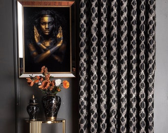 Curtain Panel for Bedroom&Livingroom,Black Navy Blue Gold Gray Cream Luxury Striped Patterned Curtains,Geometric Modern Custom Size Drape