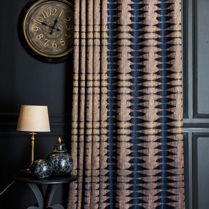 Navy Blue Brown Black Gold Gray Curtains,Curtains Panel,Luxury Curtains for Bedroom & Livingroom Striped Patterned Fabric Custom Size Drape