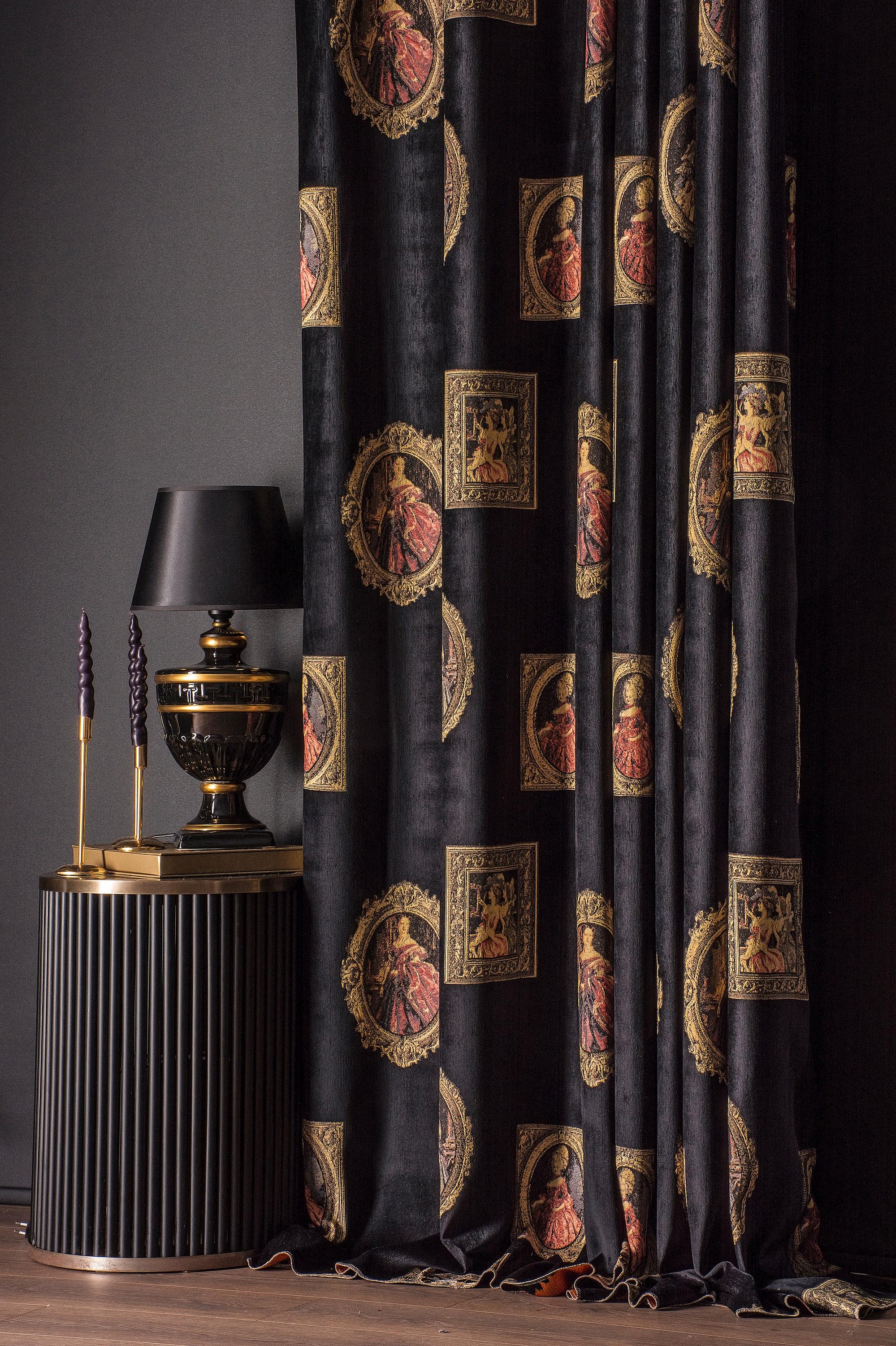 Curtain Renaisance Renaissance Portrait Curtain, Black & Gold Baroque Chenille Drapes ...