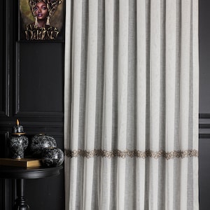 Linen luxury white sheer curtain ,custom white striped patterned embroidery linen for bedroom living roommothers day image 3