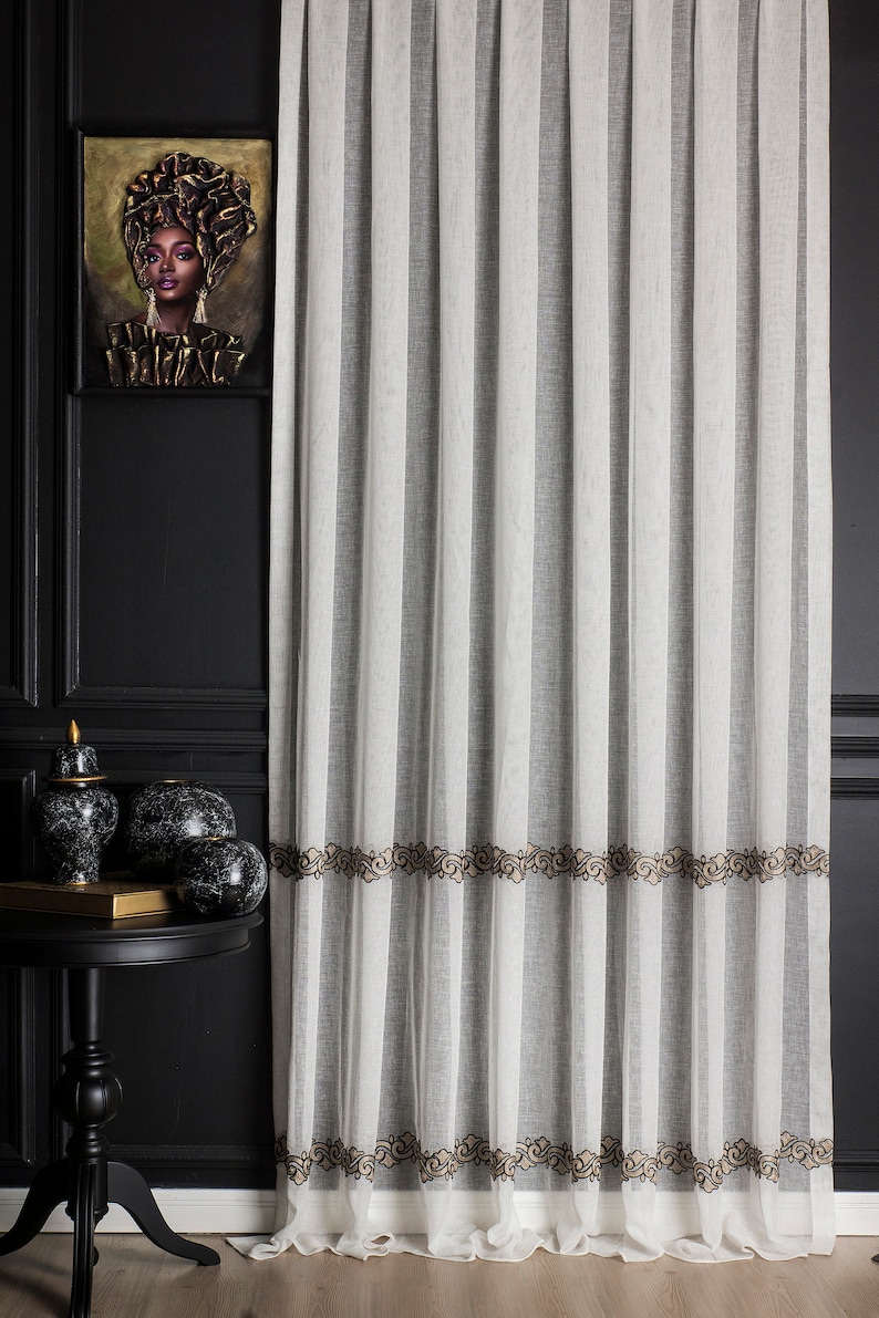 Linen luxury white sheer curtain ,custom white striped patterned embroidery linen for bedroom living roommothers day image 3