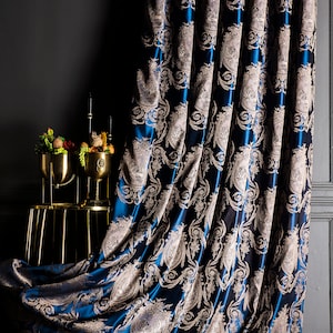 Patterned damask curtains gold blue luxury fabric livingroom bedroom striped custom size drape