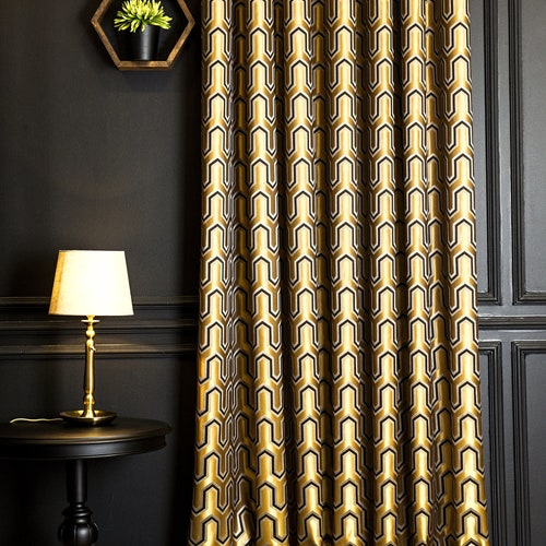 Gold Curtains Panel Striped Patterned Fabric Luxury Bedroom Etsy