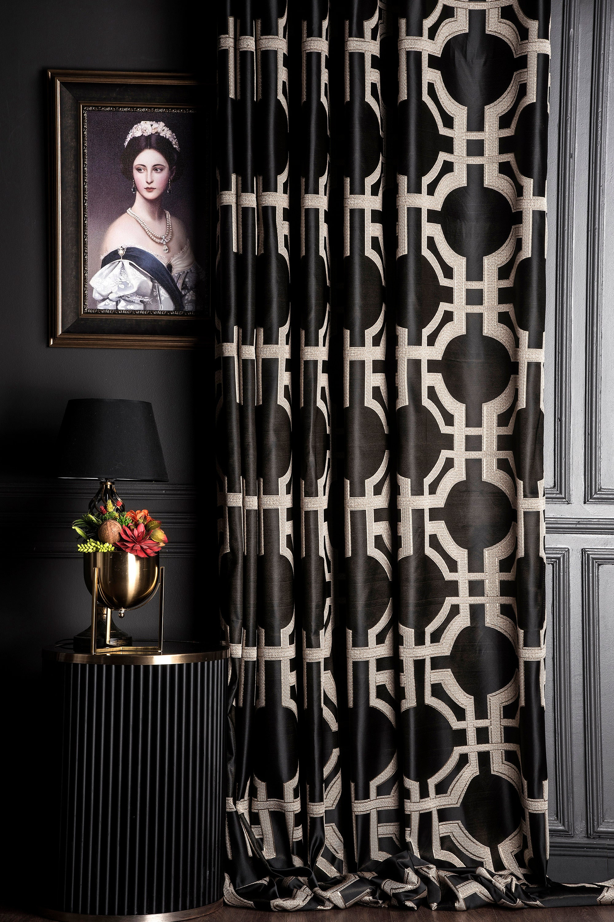 Black and cream curtains discount