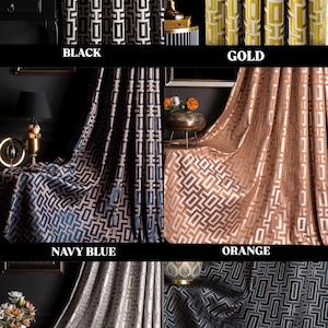 May include: A set of six curtains with a geometric pattern in various colors, including black, gold, navy blue, orange, gray, and green. The curtains are made of a soft, luxurious fabric and feature a modern, geometric design.