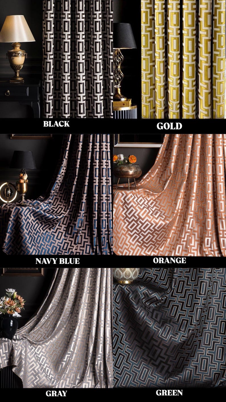 May include: A set of six curtains with a geometric pattern in various colors, including black, gold, navy blue, orange, gray, and green. The curtains are made of a soft, luxurious fabric and feature a modern, geometric design.