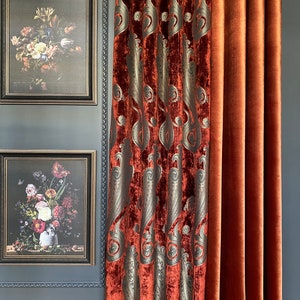 Extra Long Jacquard velvet luxury curtains,Damask patterned striped terracotta black gold navy green cream velvet fabric,custom size drape