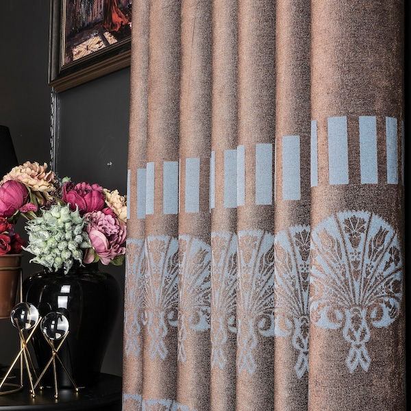 Curtains Panel,Luxury Damask Patterned Striped Drape for Livingroom Bedroom,Blue Brown Curtains,Custom Size Color Block Curtains,Vorhang