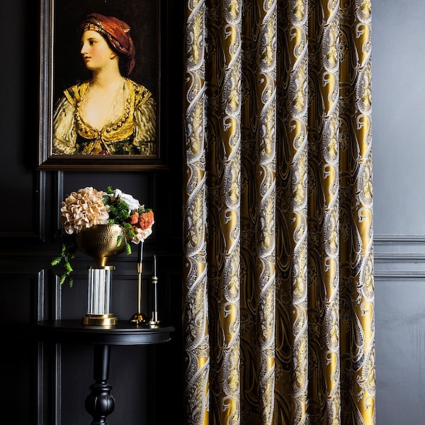 Gold Curtains panel striped damask patterned fabric black navy gray curtain luxury bedroom livingroom diningroom custom size drape  curtains