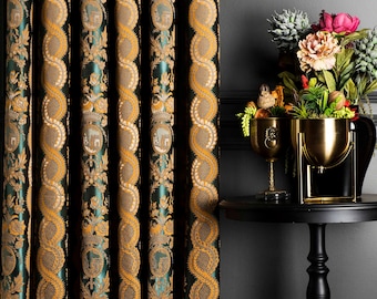 Panneau de rideau à rayures florales : drapé personnalisé de luxe vert et orange