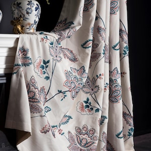 Floral Curtain Panel: Botanical Print Drapes, Cream & Navy