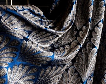 Navy Blue Leaf Curtains: Striped Luxury Drapes, Custom Size