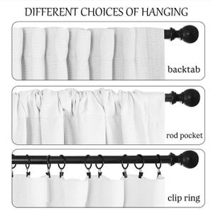May include: Three different ways to hang curtains: back tab, rod pocket, and clip ring. Each method is shown with a black curtain rod and finial.