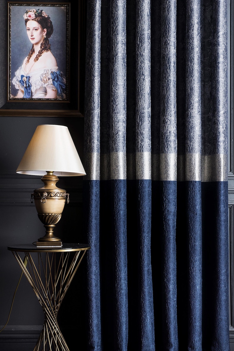 Drapery Silver Navy and Silver Gray Luxury Curtain: Modern Art Deco Drape, Custom Size ...