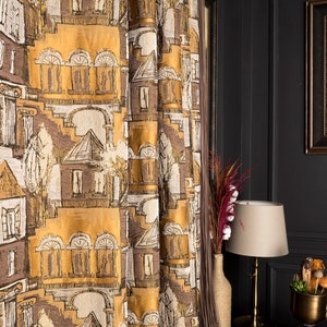 Luxury Hauses Patterned Curtain for Livingroom Bedroom,Custom Size Drape,Yellow Black Gray Curtains,House Print Drape,Modern Curtain,Rideaux