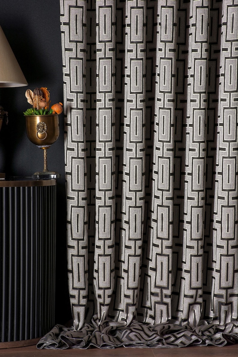 Rectangular Curtains Luxury Geometric Jacquard Curtain Panel, Black Gold Gray Custom Size ...