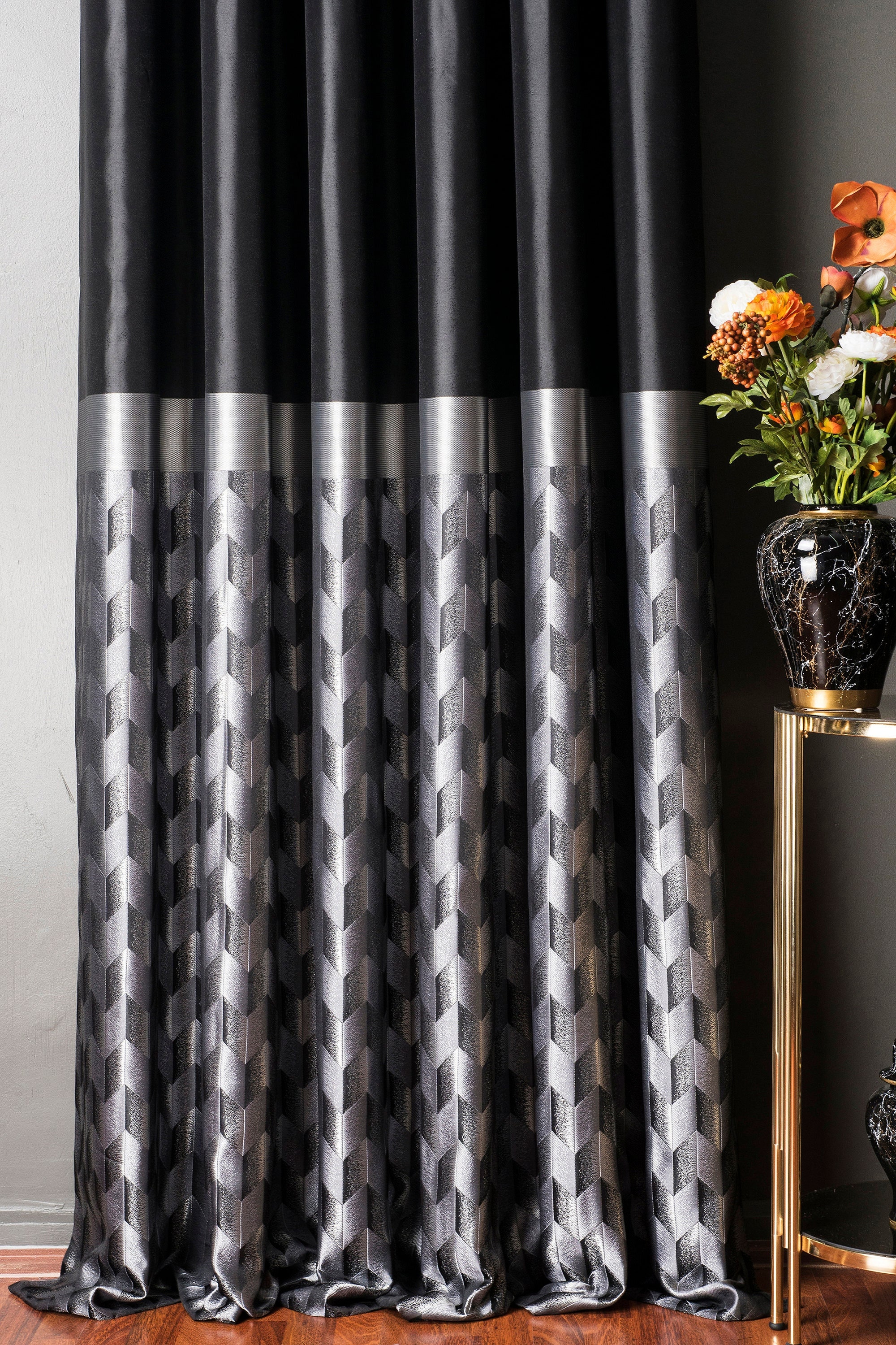 Black and sales silver curtains