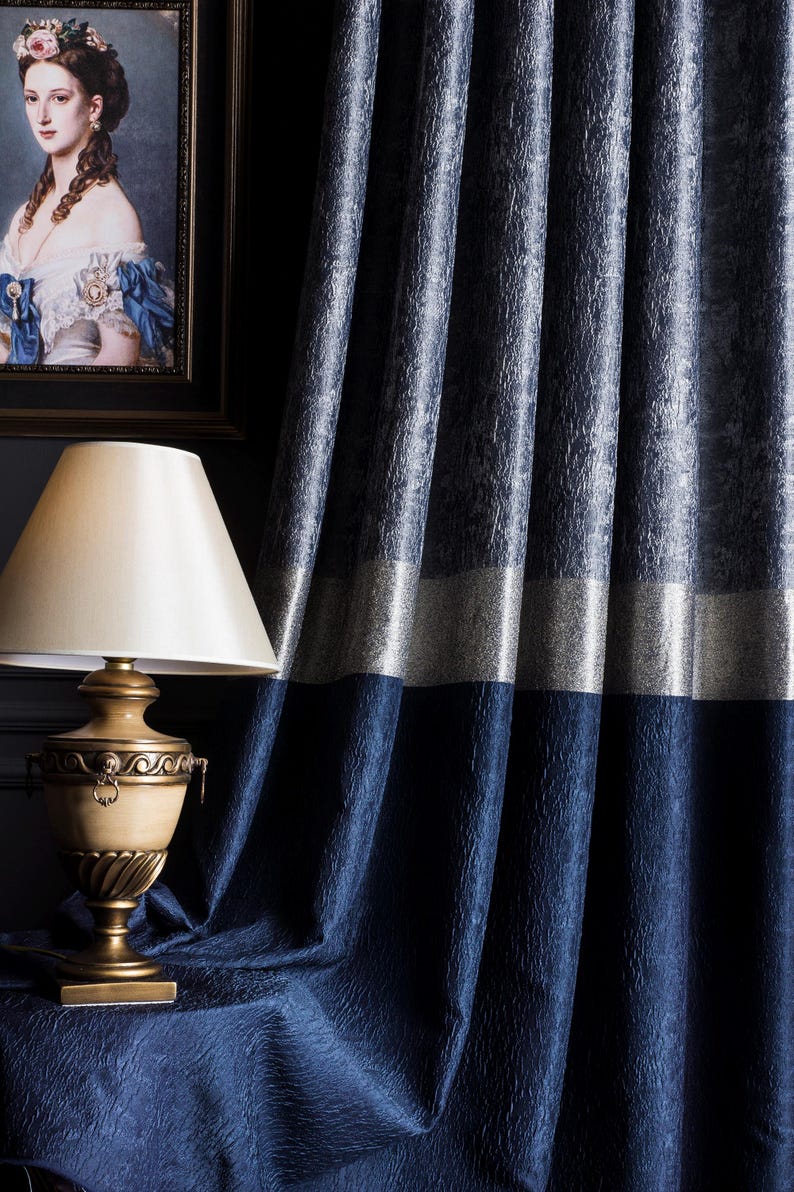 Drapery Silver Navy and Silver Gray Luxury Curtain: Modern Art Deco Drape, Custom Size ...