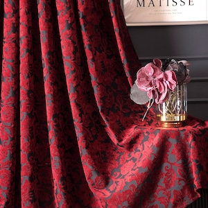 Baroque Burgundy Red Curtain, Victorian Floral Chenille Drapes, Gothic Luxury Panel with Black Base