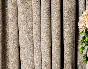 Damask Chenille Curtain Panel: Navy, Cream & Gold - Custom Size
