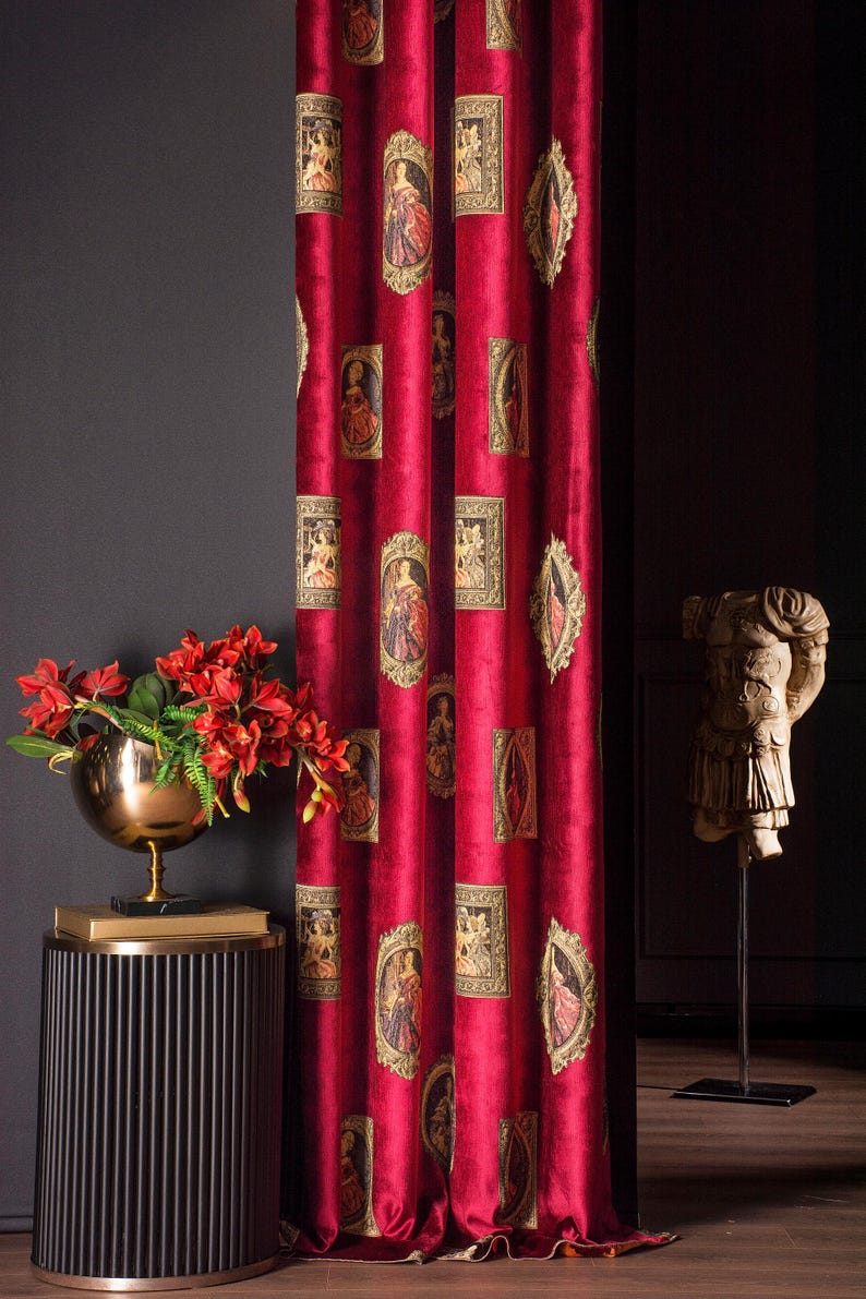 Curtain Renaisance Renaissance Portrait Curtain, Black & Gold Baroque Chenille Drapes ...