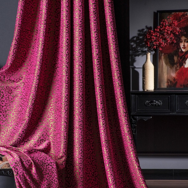 Fuchsia Green Leopard Curtain, Burgundy Red, Burnt Orange, Black Drapes, Custom Chenille Panel