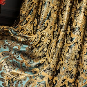Luxury Green and Gold Damask Curtains - Custom Size Victorian Drapes for Living Room & Bedroom, Mid-Century Damask Curtains