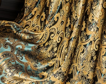 Cortinas de damasco de lujo en verde y dorado: cortinas victorianas a medida para sala de estar y dormitorio, cortinas de damasco de mediados de siglo.