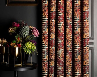 Leaf Patterned Curtain Panel: Striped Luxury Drape, Custom Size