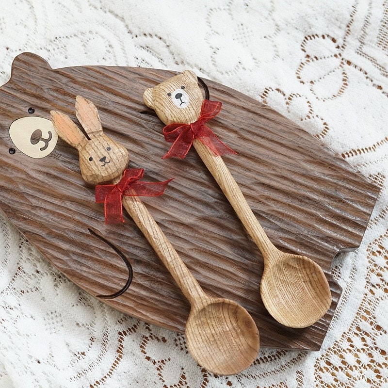 cuillère en bois massif, style japonais, petit ours, lapin, ustensiles de service, salle à manger, service