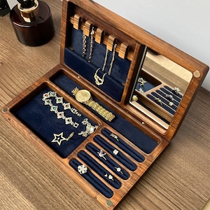Large Walnut Wood Jewelry Box: Resin Inlay, Necklace Organizer